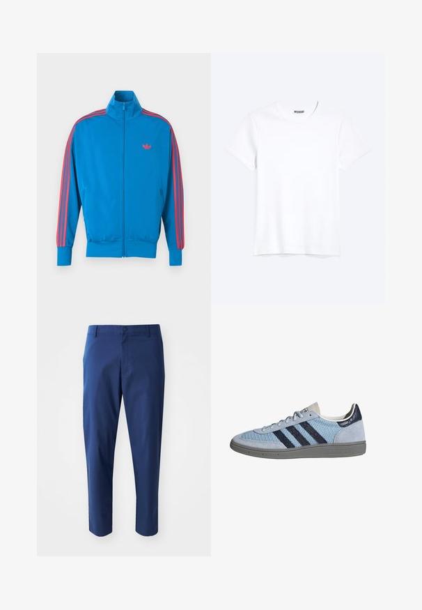 Blå atletisk jakke lavet af glat stof. Har røde stribeaccents langs ærmerne og et lille logo på brystet. Lynlåslukning foran.; Enkelt hvid T-shirt med korte ærmer og rund hals med synligt WEEKDAY-mærke i kraven, vist på en lys baggrund.; Mørkeblå chinos med en glat tekstur, en knaplukning i taljen og sidelommer, der har et skræddersyet fit og cropped længde.; Lyseblå Adidas sneaker med mørkeblå striber, ruskind på tå og hæl, tekstureret sål og snørelukning, sidevisning på hvid baggrund.