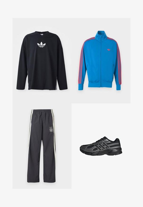 Blaue Sportjacke aus glattem Stoff. Mit roten Streifenakzenten entlang der Ärmel und einem kleinen Logo auf der Brust. Reißverschluss vorne.; Schwarzes Langarmtrikot aus Mesh-Material, mit V-Ausschnitt und weißem Adidas-Trefoil-Logo auf der Brust. Seitliche Schlitze am Saum.; Dunkelgraue Trainingshose mit weißen Seitenstreifen, elastischem Bund und einem runden Logo mit drei Sternen am linken Oberschenkel. Leichter Stoff.; Schwarze Sportschuhe aus Netz- und synthetischem Material, mit einer strukturierten Oberfläche, mehreren grauen Streifen und einem gepolsterten Schaft.