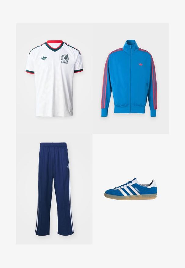 Blue athletic jacket made from smooth fabric. Features red stripe accents along the sleeves and a small logo on the chest. Zipper front closure.; White soccer jersey with green and red trim, Adidas logo on right chest, and Mexico crest featuring a winged eagle on left chest.; Navy blue athletic pants with a relaxed fit, featuring white side stripes and an elastic waistband. Smooth fabric, no visible patterns or hardware.; Blue and white Adidas Gazelle sneaker with gum sole and three white stripes, viewed from the side on a white background.