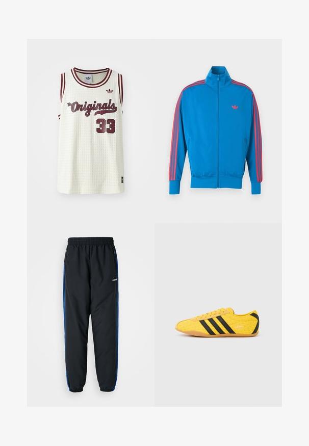 Modrá športová bunda z hladkej látky. Obsahuje červené pruhy pozdĺž rukávov a malú logo na hrudi. Predné zapínanie na zips.; Biely sieťovaný bezrukávový dres s marhuľovými akcentmi, textom "The Originals", číslom 33 a malým logom na ľavom prse.; Čierne športové nohavice s elastickým pásom, modrými bočnými pruhmi, vreckami na zips a zúženými manžetami pre tesný strih. Vyrobené z ľahkého materiálu.; Žltá športová obuv s textúrovaným zvrškom, s čiernymi pruhmi a logom. Zaoblená špička, mäkká podrážka a vzor v tvare cik-cak na materiáli.
