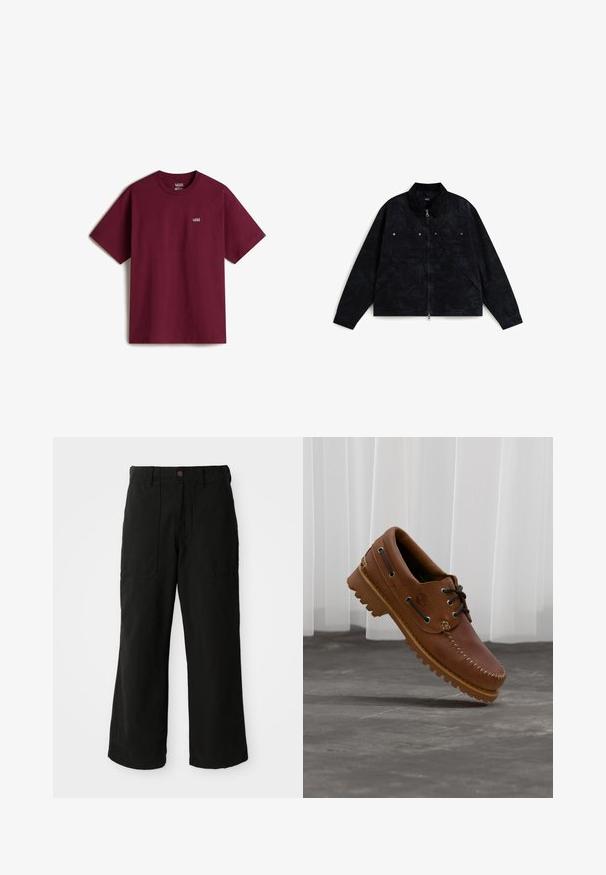 Chaqueta negra con cremallera y cuello, bolsillo frontal en el pecho con botones automáticos y dos bolsillos laterales, mostrada extendida sobre fondo blanco.; Camiseta de algodón marrón con mangas cortas, escote redondo y pequeño logo blanco de Vans en el pecho izquierdo. Textura suave, corte holgado.; Pantalones de pierna ancha en color negro, fabricados en un tejido suave, con bolsillos frontales y cierre de botón en la cintura. Diseño minimalista sin patrones visibles.; Zapato náutico de cuero marrón con cordones negros, costuras beige y una suela resistente, suspendido sobre un suelo de hormigón gris.