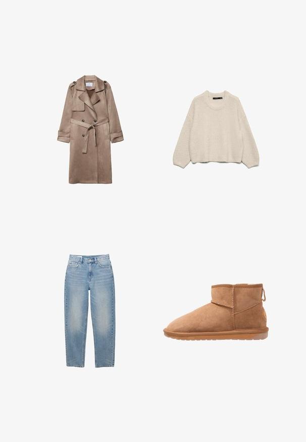 Beige Kunstleder-Trenchcoat mit Kragen, doppelt geknöpften Front, seitlichen Taschen und einem gebundenen Taillengürtel. Mit Schulterepauletten.; Helles beiges Strickpullover mit rundem Halsausschnitt, langen Ärmeln und einem strukturierten Muster. Lockerer Schnitt mit geripptem Saum und Bündchen.; Hellblaue gerade geschnittene Jeans mit Knopf, Reißverschluss und fünf Taschen, auf weißem Hintergrund dargestellt.; Beige Wildleder-Ankle Boots mit runder Zehenpartie, genähten Nähten und Gummisohle. Mit einer Schlaufe an der Rückseite für einfaches An- und Ausziehen.