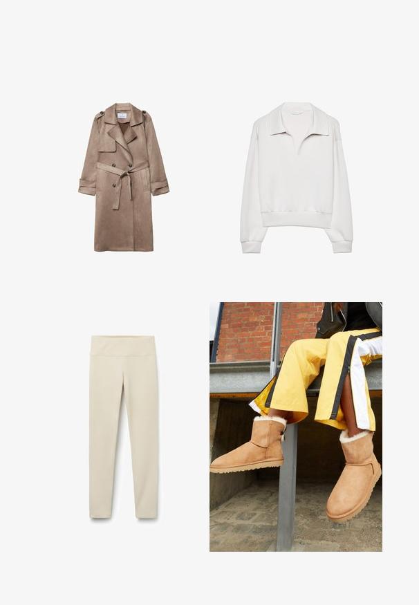 Beige Kunstleder-Trenchcoat mit Kragen, doppelt geknöpften Front, seitlichen Taschen und einem gebundenen Taillengürtel. Mit Schulterepauletten.; Weißer Pullover mit strukturiertem Kragen, langen Ärmeln und elastischen Bündchen. Aus weichem Stoff gefertigt, mit einem lässigen Schnitt und minimalistischem Design.; Beige Leggings mit hohem, breitem Bund, gefertigt aus einem weichen, elastischen Stoff. Gerade Beinform ohne sichtbare Nähte oder Muster.; Hellbraune Wildleder-Stiefeletten mit flauschigem Innenfutter und flachen Gummisohlen, präsentiert neben gelben Sporthosen mit schwarz-weißen Streifen.