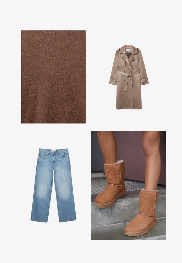 Beige faux suede trench coat med krave, dobbeltknap lukning, sidelommer og en bundet taljebælte. Har skulderepauleter.; Brun strikket uldtrøje med ribstrikket rund halsudskæring og blødt tekstureret stof.; Lysblå vide jeans lavet af denim. Funktioner inkluderer forlommer, lynlås og lys fading langs lårerne.; Brune ruskind ankelstøvler med rund tå, blødt foer og gummisål, der har synlige stikninger langs sømmene.