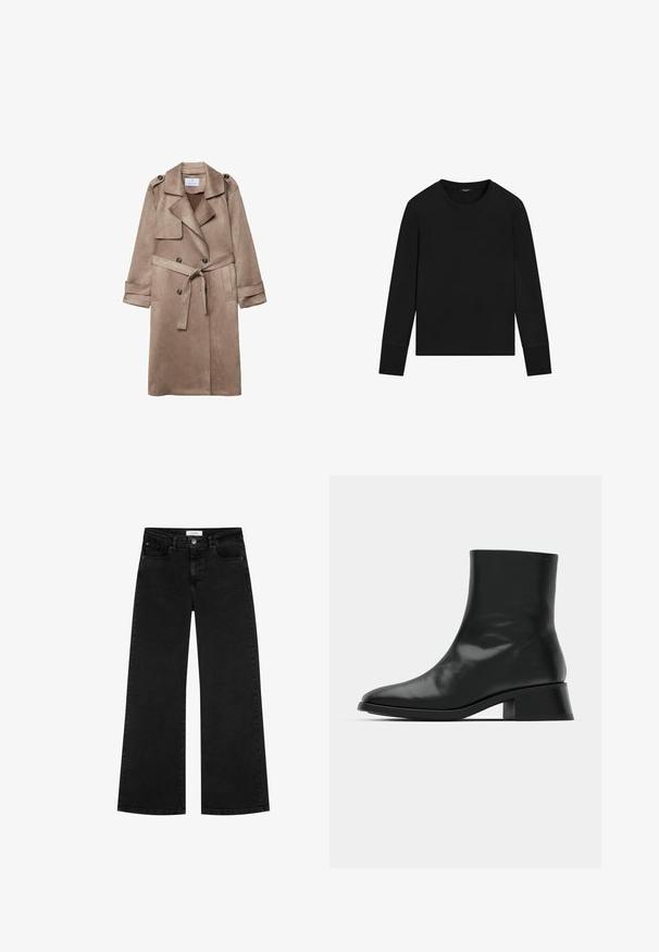 Beige faux suede trench coat med krave, dobbeltknap lukning, sidelommer og en bundet taljebælte. Har skulderepauleter.; Sort langærmet crewneck-shirt med tætsiddende manchetter og enkelt, ubemærket design på hvid baggrund.; Sorte høj talje vidde jeans med for- og møntlommer, knaplukning og bæltestropper.; Sort ankelstøvle lavet af blank læder, med et strømlinet design, spids tå og en moderat blokhælhøjde for stabilitet.