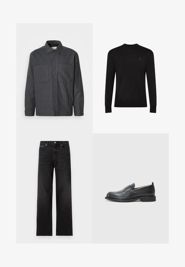 Chemise boutonnée gris foncé en tissu texturé avec des rayures verticales blanches, deux poches avant et un col classique.; Pull noir à manches longues avec col rond, petit logo discret sur la partie supérieure gauche de la poitrine et poignets et bas côtelés.; Jean noir droit avec cinq poches, passants pour ceinture et fermeture par bouton, présenté sur un fond blanc.; Mocassins en cuir noir avec une finition lisse, une semelle plate et un bout arrondi, ornés d'une sangle décorative sur le dessus.