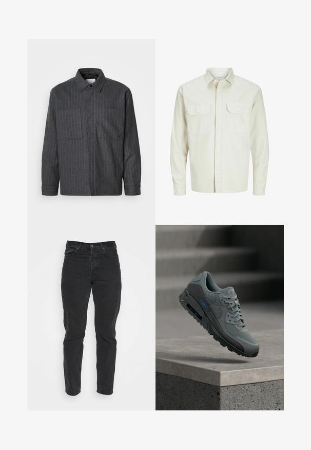 Mørkegrå skjorte med knaplukning, lavet af tekstureret stof med hvide lodrette striber, to forlommer og et klassisk kravedesign.; Lyse beige skjorte med lange ærmer, to brystlommer og krave. Lavet af bomuld med en glat tekstur og løs pasform.; Sorte denimjeans med lige pasform, fem lommer, frontlukning med knap og kontrastsyninger. Glat tekstur med let slid synligt.; Grå Nike Air Max-sneaker med mesh og læder, blå "Air Max"-tekst, vist flydende over en betonoverflade med trapper i baggrunden.