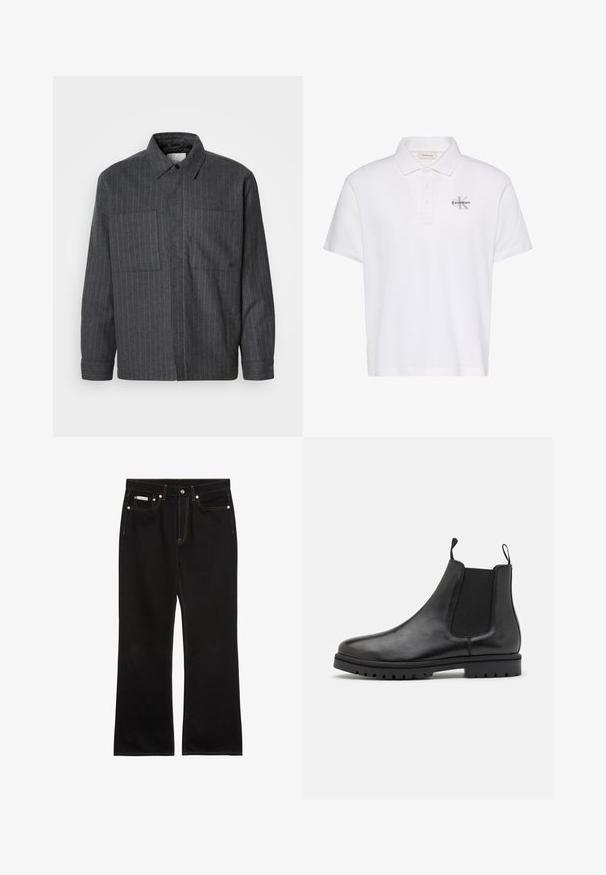 Mørkegrå skjorte med knaplukning, lavet af tekstureret stof med hvide lodrette striber, to forlommer og et klassisk kravedesign.; Hvid polo-shirt med korte ærmer, krave, tre-knaps åbning og lille gråt Calvin Klein-logo på venstre bryst.; Sorte jeans med lige ben, orange syning, fem lommer, knaplukning og et lille Calvin Klein-mærke på den forreste højre lomme.; Sorte læder Chelsea støvler med elastiske sidepaneler, trækkemærker og en struktureret gummisål med et slidbane mønster.