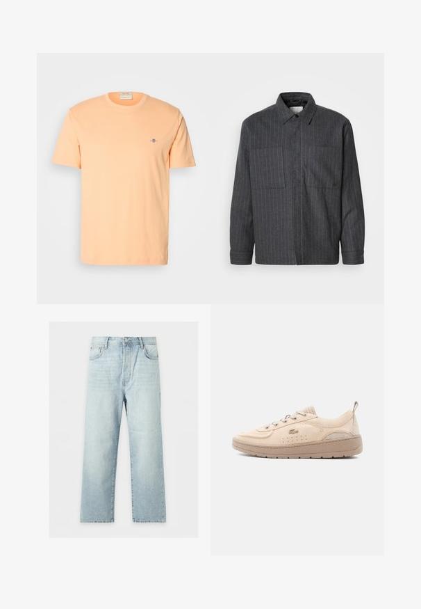Camisa de botones gris oscuro hecha de un tejido texturizado con rayas verticales blancas, con dos bolsillos frontales y un diseño de cuello clásico.; Camiseta de manga corta en algodón color durazno claro, con un pequeño logo azul en el pecho. Cuello redondo con una textura suave.; Vaqueros azul claro de pierna ancha con cinco bolsillos, cierre de botón y cremallera, y lavado ligeramente desteñido, colocados extendidos sobre un fondo blanco.; Zapatilla de ante beige con cierre de cordones, perforaciones transpirables, suela gruesa y tira para tirar en el talón, mostrada de lado sobre un fondo blanco.