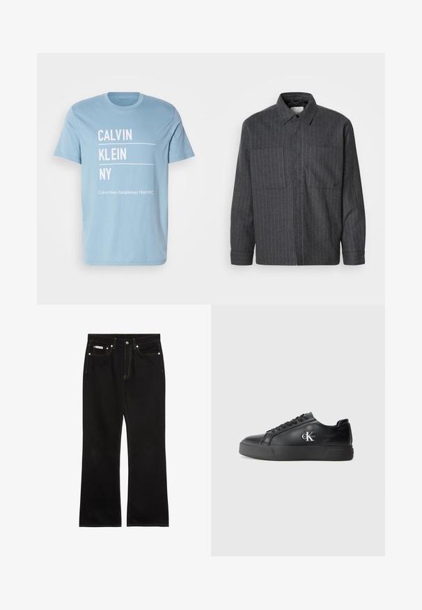 Tumedast hall särk, millel on tekstuuriga kangas ja valged vertikaalsed triibud, kaks esist taskut ja klassikaline kraedi design.; Heled sinise puuvillase t-särgi ees on valge tekst: "CALVIN KLEIN NY" ja "Calvin Klein asutatud 1968 NYC." T-särgil on klassikaline ringja kaelus ja lühikesed varrukad.; Mustad sirgelõikelised teksad oranži õmblusega, viis taskut, nööpkinnitus ja väike Calvin Kleini silt ees paremal taskul.; Musthave nahkakengad ümarate varvastega, lame musta tallaga ja sama tooni paeladega. Küljel on hõbedane logo, pind on sile.