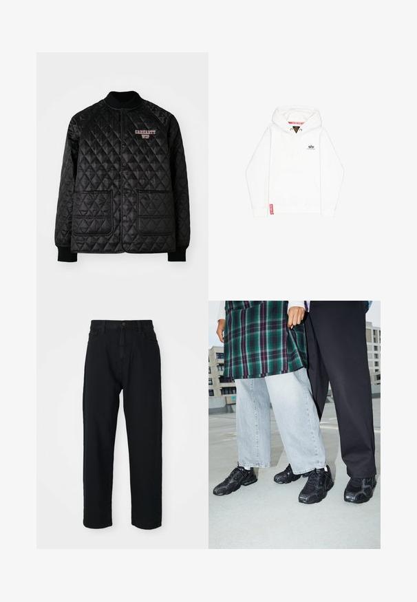 Čierna prešívaná bunda s rebrovaným golierom a manžetami, ktorá má zapínanie na patentky a dve predné vrecká. Vyšívané logo "Carhartt WIP" v červenej farbe.; Biela mikina s kapucňou, predným vreckom a sťahovacou šnúrkou. Na hrudi má malé čierne logo. Na okraji je červená etiketa.; Čierne denimové nohavice so strihom rovných nohavíc. Majú klasický dizajn s piatimi vreckami, gombíkovým zapínaním a jemnou textúrou látky.; Čierne športové topánky s sieťovinou a gumovými akcentmi. Nosené s svetlošedými širokými džínsami a kockovaným zeleným topom. Pozadie s plochým povrchom.