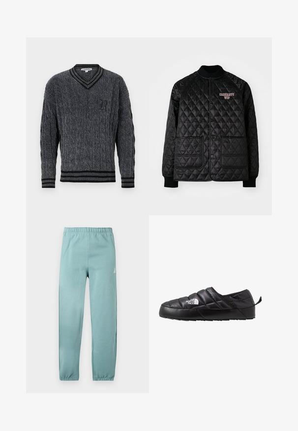 Sort quiltet jakke med ribbet krave og manchetter, der har trykknapper og to forlommer. "Carhartt WIP" logo broderet i rød.; Grå strikket sweater med flettemønster. V-hals design, sort ribbede kanter ved krave og nederkant. Har et lille sort logo på brystet.; Lys teal joggerbukser lavet af blødt materiale, med elastisk talje, snævre manchetter og en lille logoaccent på siden.; Sort slip-on sko med et quiltet design, lavet af polstret materiale. Har en struktureret gummisål og et lille trækstrop bagpå.