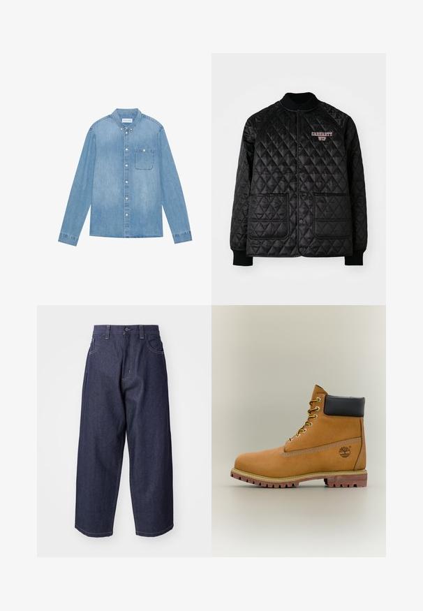 Čierna prešívaná bunda s rebrovaným golierom a manžetami, ktorá má zapínanie na patentky a dve predné vrecká. Vyšívané logo "Carhartt WIP" v červenej farbe.; Svetlomodrá denimová košeľa na gombíky, dlhé rukávy, špicatý golier, jedna náprsní vrecko a jemné blednutie na látke.; Tmavomodré denimové džínsy s voľným, širokým strihom. Funkcie zahŕňajú zapínanie na gombík, predné vrecká a viditeľné švy.; Hnedá kožená členková členková obuv s čiernym golierom, žltými šnúrkami a béžovou podrážkou. Má logo a biele prešívanie. Hrubá podrážka s dobrým záberom.