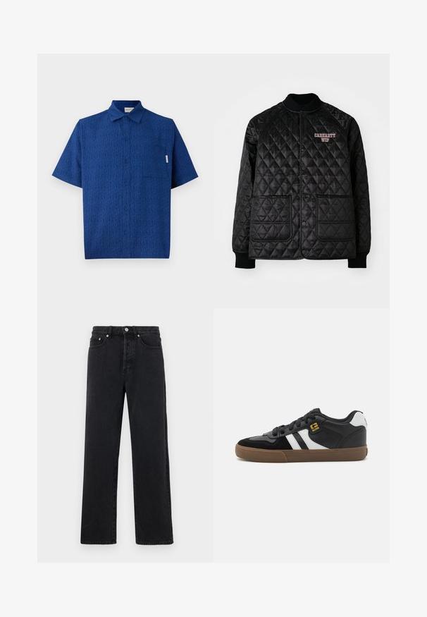 Chaqueta acolchada negra con cuello y puños acanalados, con botones a presión y dos bolsillos en la parte delantera. Logo "Carhartt WIP" bordado en rojo.; Camisa azul de manga corta hecha de una tela texturizada que presenta un patrón sutil, con botonadura frontal y un solo bolsillo en el pecho.; Vaqueros rectos de denim negro con cintura alta, cinco bolsillos y cierre de botón de metal. La tela tiene una textura suave y un ligero brillo.; Zapatillas en blanco y negro con parte superior de ante y cuero, que presentan franjas blancas, cordones negros y una suela de goma marrón. Acentos de logo dorados.