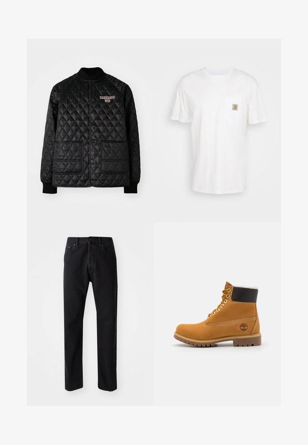 Zwarte gewatteerde jas met ribgebreide kraag en manchetten, voorzien van drukknoopsluitingen en twee voorzakken. "Carhartt WIP" logo geborduurd in het rood.; Witte katoenen t-shirt met korte mouwen, een borstzak en een klein vierkant logo-opdruk in oranje en wit op de zak.; Zwarte denim jeans met een rechte snit, vijf zakken en een knoopsluiting. Heeft zichtbare stiksels en een zachte, gestructureerde stof.; Bruine leren enkellaars met metalen oogjes, witte faux bont voering, zwarte gewatteerde kraag, robuuste zool en een reliëflogo aan de zijkant.