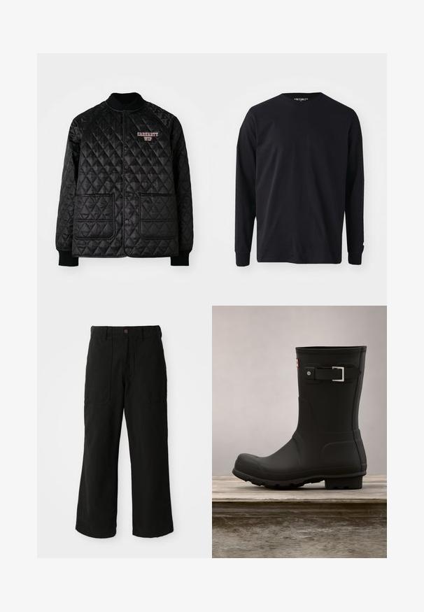 Sort quiltet jakke med ribbet krave og manchetter, der har trykknapper og to forlommer. "Carhartt WIP" logo broderet i rød.; Sort langærmet t-shirt lavet af bomuld, med rund halsudskæring og lige pasform, samt et lille logodetalje på ærmet.; Sorte vide benbukser lavet af blødt stof, med frontlommer og en knaplukning i taljen. Minimalistisk design uden synlige mønstre.; Sorte gummistøvler med lav hæl, rund tå og en sølv spændeaccent. Har en tekstureret sål for godt fodfæste.