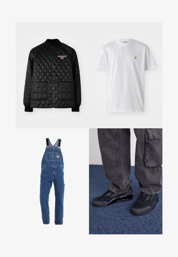 Schwarze gesteppte Jacke mit geripptem Kragen und Bündchen, ausgestattet mit Druckknöpfen und zwei Vordertaschen. "Carhartt WIP" Logo in Rot eingestickt.; Weißes Baumwoll-T-Shirt mit kurzen Ärmeln, Rundhalsausschnitt, mit einem kleinen goldenen Logo im linken Brustbereich. Weicher Stoff und normale Passform.; Jeanslatzhosen in einem mittleren Blauton, mit verstellbaren schwarzen Trägern, mehreren Taschen und Metallbeschlägen.; Schwarze Sportschuhe mit einer strukturierten Oberfläche, glatten Akzenten und einer chunky Sohle, kombiniert mit dunklen, lässig sitzenden Cargo-Hosen.