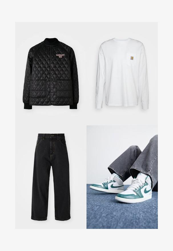 Mustmust vahtmed krae ja mansettidega must küllitatud fliis, millel on nupud ja kaks eesmist taskut. "Carhartt WIP" logo on tikandina punase värviga.; Piklike valge puuvillane särk pikkade varrukatega, millel on rinnanupuga ruudukujuline logodeklee. Lihtne disain ümarate kaelaaukude ja mansettidega varrukate ning.; Mustad laiad denim püksid kõrge vöökohaga, esine nupp, lukku ja kollane õmblus taskutel ja saheedel.; Valged ja teal nahast kõrged tennisekotid, millel on perforatsioonidega varvas, valged nöörid ja tekstureeritud tald, kantud hallide laia säärega pükste juurde.