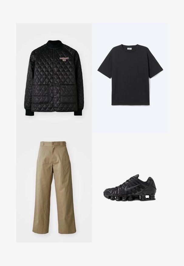 Sort quiltet jakke med ribbet krave og manchetter, der har trykknapper og to forlommer. "Carhartt WIP" logo broderet i rød.; Sort T-shirt med korte ærmer og rund hals med afslappet pasform, forfra, ensfarvet design og synligt Weekday-mærke inde i kraven.; Khaki bredde ben bukser lavet af bomuldsblandingsstof, med en enkelt knaplukning og synlige sidelommer. Glat tekstur, plisseret detalje.; Sorte atletikskoser lavet af mesh og syntetiske materialer, med et karakteristisk bølget design, sort gummisål og reflekterende detaljer.