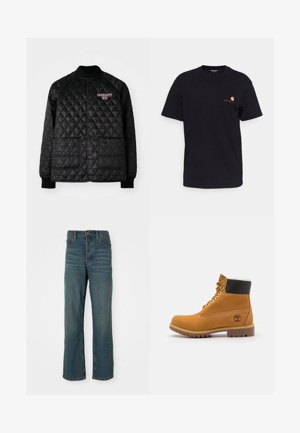Čierna prešívaná bunda s rebrovaným golierom a manžetami, ktorá má zapínanie na patentky a dve predné vrecká. Vyšívané logo "Carhartt WIP" v červenej farbe.; Čierne bavlnené tričko s krátkymi rukávmi, okrúhlym výstrihom a malým farebným logom na ľavej hrudi. Klasický strih s hladkou textúrou.; Modré džíny s rovnými nohavicami, obsahujúce päť vreciek, zapínanie na gombík a svetlé zafarbenie na prednej strane.; Hnedé kožené ankle boot s kovovými očkami, bielym kožúškom vo vnútri, čiernym vypolstrovaným golierom, robustnou podrážkou a vyrazeným logom na boku.