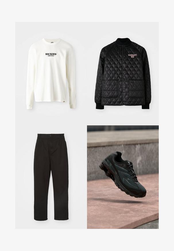 Zwarte gewatteerde jas met ribgebreide kraag en manchetten, voorzien van drukknoopsluitingen en twee voorzakken. "Carhartt WIP" logo geborduurd in het rood.; Witte lange mouw geribbelde sweatshirt met een zwart logo "DICKIES" en "SINCE '22" eronder, ronde hals en manchetten.; Zwarte broek van gladde stof, met knoopsluiting, rechte snit en twee voorplooien voor extra detail.; Zwarte atletische sneaker met zichtbare luchtgeveerde tussenzool die boven een roze stenen oppervlak zweeft met een grijze stenen muur op de achtergrond.