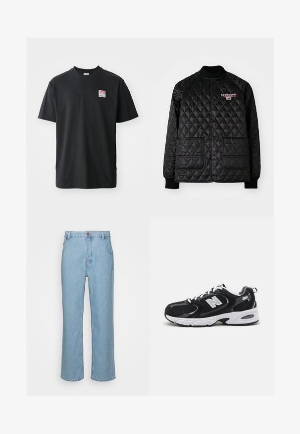 Čierna prešívaná bunda s rebrovaným golierom a manžetami, ktorá má zapínanie na patentky a dve predné vrecká. Vyšívané logo "Carhartt WIP" v červenej farbe.; Čierne bavlnené tričko s krátkymi rukávmi a okrúhlym výstrihom, s malou farebnou nálepkou na ľavej hrudi s nápisom "SUPERIOR."; Svetlomodré riflové nohavice so striktným strihom, s klasickým zapínaním na gombík, pútka na opasok a dvoma prednými vreckami.; Čierne a šedé športové topánky s hornou časťou z mikrovlákna a zamatu, s bielou medzipodrážkou, šnúrkami a výrazným logom "N" na boku.