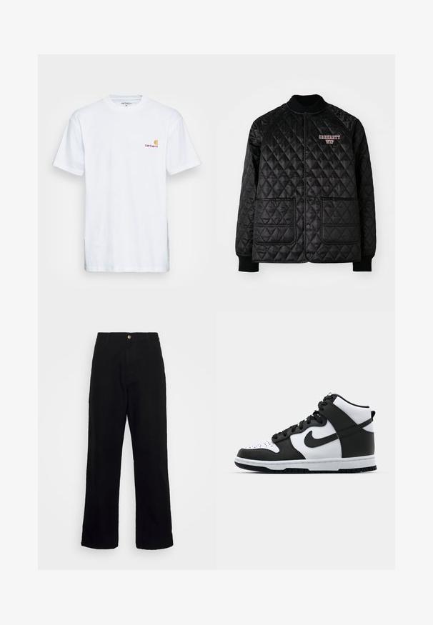 Veste matelassée noire avec col et poignets côtelés, dotée de boutons-pression et de deux poches avant. Logo "Carhartt WIP" brodé en rouge.; T-shirt en coton blanc à manches courtes. Doté d'un petit logo orange et bordeaux sur la poitrine gauche. Présente un col rond classique.; Pantalon noir en tissu lourd, avec design à jambes droites, poches avant, fermeture éclair et bouton métallique unique.; Baskets montantes noir et blanc avec tige en cuir, boîte à orteils perforée, logo swoosh proéminent et semelle en caoutchouc texturée.
