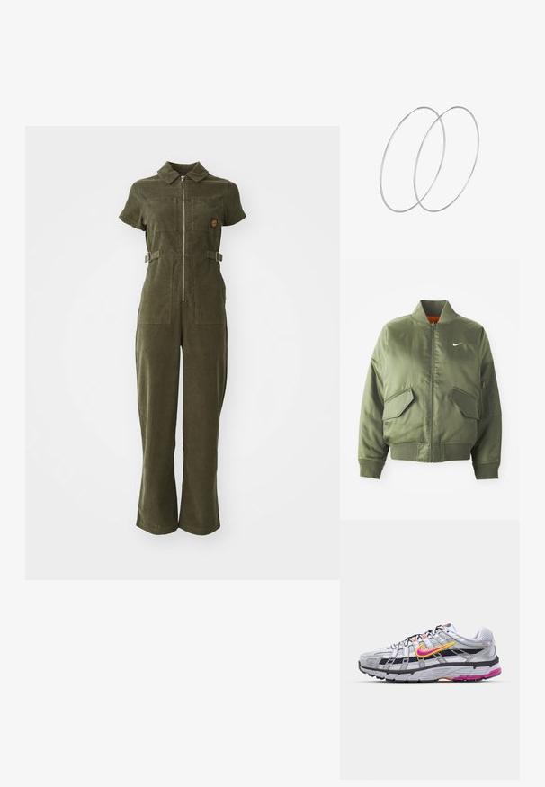 Olivengrøn bomberjakke med ribbet krave og manchetter, lynlås-lukning, to frontlommer og en sidelomme med lynlås. Har Nike-logo i hvid.; Olivengrøn kordfløjl jumpsuit med lynlås foran, korte ærmer, to brystlommer og justerbare sidebånd. Bukser med flared ben.; Grå mesh løbesko med en karakteristisk pink og gul swoosh, sorte accenter og en tekstureret gummisål. Har forstærket tå og polstret krave.; Sølvøreringe med et minimalistisk design. Cirkulær form, glat tekstur og tynd profil. Letvægtige med en poleret overflade.