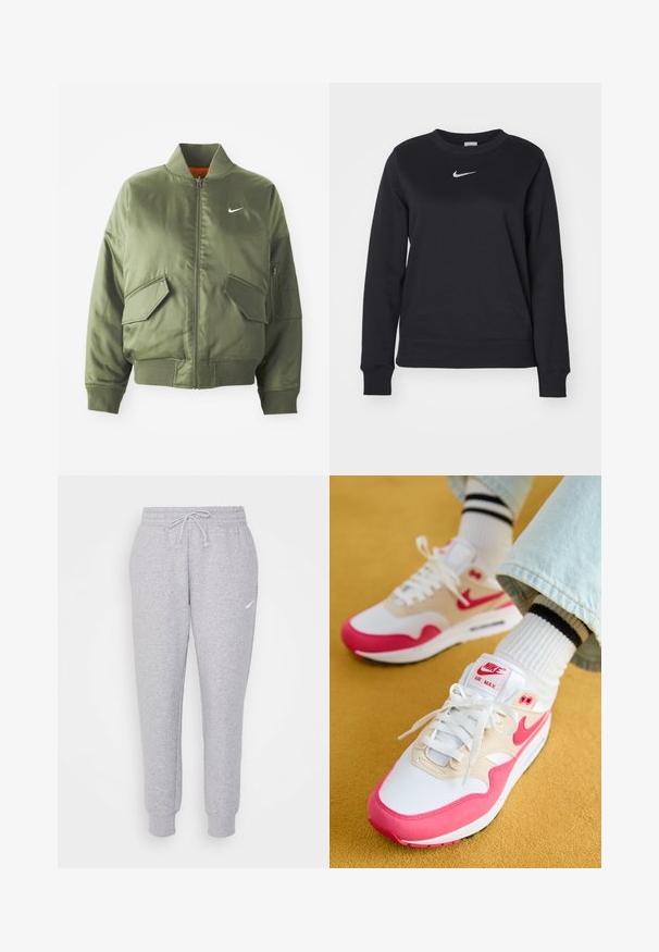 Olive rohelise värvi bomber-jakk ribidega krae ja varrukate, tõmbluku sulgemise, kahe ees oleva tasku ja ühe küljetaskuga. Omab valget Nike logo.; Must värvi puuvillaseguse sweatshirti, millel on soonik cuffid ja hem, ümmargune kaelus ning hõbedane Nike logo rinnas.; Heledad hallid dressipüksid, millel on paelaga vöökoht, kitsenevad jalad ja väike valge logo vasakul reitel. Valmistatud pehmest, tekstuuriga kangast.; Valged ja roosad Nike Air Max tossud, millel on beež ülaserv, tekstuuriga viimistlus, valged paelad ja nähtav õhukamber.