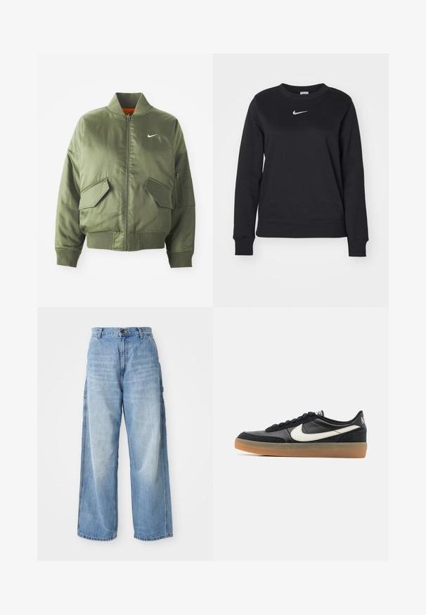 Olijfgroen bomberjack met geribde kraag en manchetten, rits sluiting, twee voorzakken en een zijritszak. Voorzien van het Nike-logo in het wit.; Zwarte sweatshirt van een katoenmix, met geribde cuffs en zoom, ronde halslijn en zilveren Nike-logo op de borst.; Lichtblauwe wijde jeans met een hoge taille, voorzien van zijzakken en een vervaagde textuur, vervaardigd uit denim materiaal.; Zwarte sportieve schoen met een bovenwerk van textuurleer, witte swoosh-logo en een gumrubberen zool. Vetersluiting met voering bij de kraag voor extra comfort.