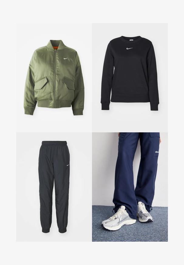 Olivenfarbene Bomberjacke mit geripptem Kragen und Bündchen, Reißverschluss, zwei Fronttaschen und einer seitlichen Reißverschlusstasche. Mit Nike-Logo in Weiß.; Schwarzes Sweatshirt aus Baumwollmischung mit gerippten Bündchen und Saum, rundem Ausschnitt und silbernem Nike-Logo auf der Brust.; Schwarze Nike Jogginghosen aus leichtem Material, mit elastischem Bund und Bündchen, versehen mit einem kleinen weißen Logo am linken Bein.; Nike Sportschuhe mit einem silbernen Mesh-Obermaterial, weißen Akzenten und strukturierten Sohlen, kombiniert mit locker sitzenden marineblauen Hosen.