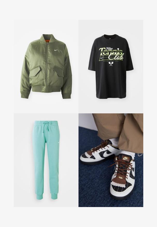 Olivengrøn bomberjakke med ribbet krave og manchetter, lynlås-lukning, to frontlommer og en sidelomme med lynlås. Har Nike-logo i hvid.; Sort bomulds T-shirt med korte ærmer, der har et grønt og hvidt "Nike Tennis Club" grafisk design, samt illustrationer af en tennisbold og en racket.; Mintgrønne sweatpants med elastisk talje, snoretræk og ribstrikkede manchetter. Har et lille hvidt Nike-logo på venstre lår.; Nike sneakers med hvide, sorte og brune materialer. Har en tekstureret brun klaff, stribet design og traditionel snøring med guld accenter.