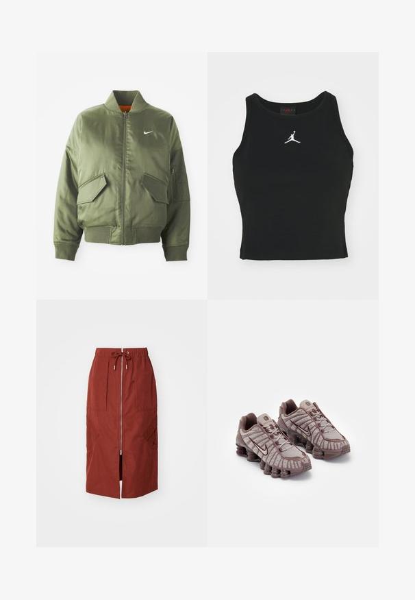 Olivovo zelená bomber bunda s vypčím golierom a manžetami, zipsovým zapínaním, dvoma prednými vreckami a bočným vreckom na zips. Obsahuje logo Nike v bielej farbe.; Čierny priliehavý tielko vyrobené z bavlny, s okrúhlym výstrihom a bielym logom Jordan vyšitým na prednej časti. Hladká textúra.; Sukňa strednej dĺžky v terakotovo červenej farbe, s predným zipsom, elastickým pásom so šnúrkou a bočnými vreckami s geometrickým dizajnom.; Nike Sportswear SHOX TL - Tenisky - pumice/night maroon/plum eclipse