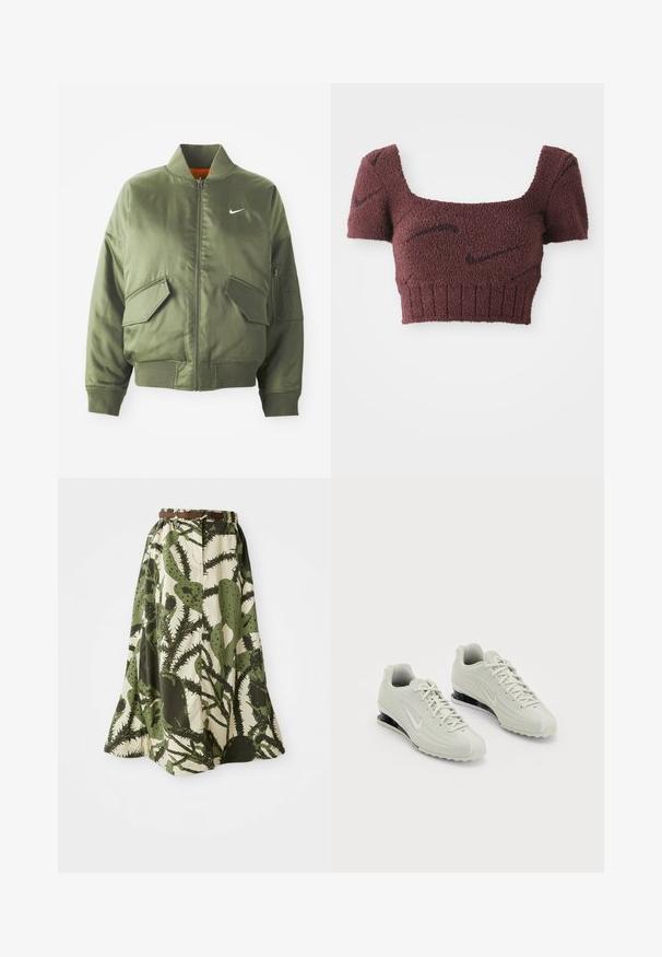 Olivengrøn bomberjakke med ribbet krave og manchetter, lynlås-lukning, to frontlommer og en sidelomme med lynlås. Har Nike-logo i hvid.; Lilla cropped top med et struktureret stof, firkantet halsudskæring, korte ærmer og ribbet kant, med subtile mørke mønstre gennemgående.; Lang nederdel med kaktusprint i nuancer af grøn og creme, med en sammenpresset talje og et brunt bælte til lukning.; Hvide Nike sneakers med en tekstureret overdel, der har en glat tæer og sorte polstringselementer. Snørebåndsstil med forstærket hæl.