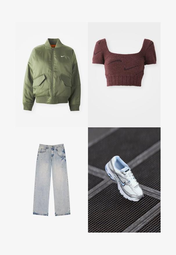 Olijfgroen bomberjack met geribde kraag en manchetten, rits sluiting, twee voorzakken en een zijritszak. Voorzien van het Nike-logo in het wit.; Mauve cropped top met een gestructureerde stof, vierkante halslijn, korte mouwen en geribde zoom, met subtiele donkere patronen door het geheel.; Lichtblauwe spijkerbroek met een recht model, voorzien van versleten accenten, vijf zakken en zichtbare stikseldetails.; Witte mesh sport schoen met zilveren accenten, lichtblauwe stiksels en een zwart swoosh-logo. Heeft een gevoerde kraag en een gestructureerde zool.