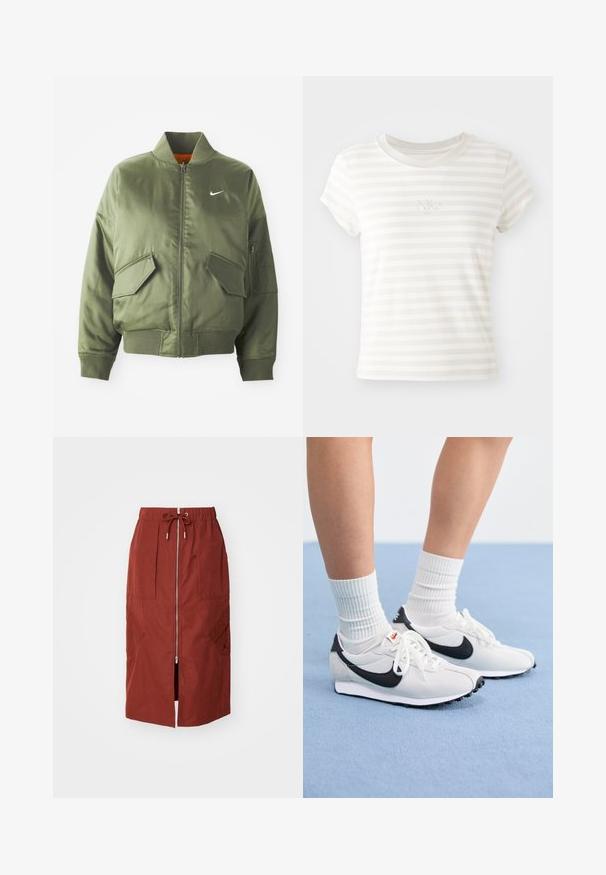 Olivovo zelená bomber bunda s vypčím golierom a manžetami, zipsovým zapínaním, dvoma prednými vreckami a bočným vreckom na zips. Obsahuje logo Nike v bielej farbe.; Biele prúžkové tričko s krátkym rukávom vyrobené z mäkkej bavlny. Má okrúhly výstrih a malé vyšívané logo Nike na hrudi.; Sukňa strednej dĺžky v terakotovo červenej farbe, s predným zipsom, elastickým pásom so šnúrkou a bočnými vreckami s geometrickým dizajnom.; Biele sieťované tenisky s čiernymi akcentmi, okrúhlou špičkou a plochou gumovou podrážkou. V kombinácii s rebrovými bielymi ponožkami.