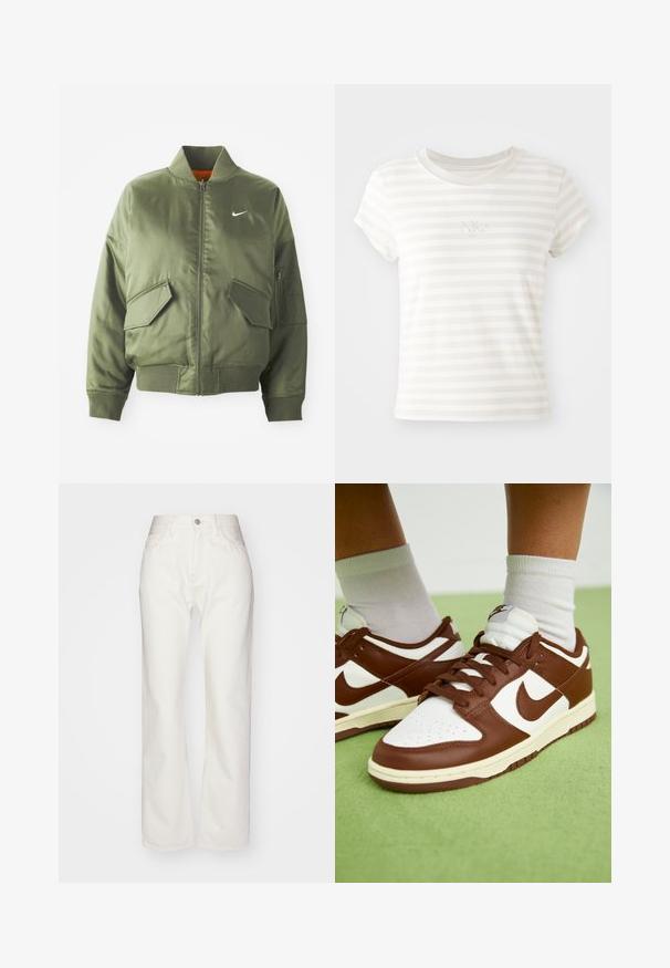 Olivovo zelená bomber bunda s vypčím golierom a manžetami, zipsovým zapínaním, dvoma prednými vreckami a bočným vreckom na zips. Obsahuje logo Nike v bielej farbe.; Biele prúžkové tričko s krátkym rukávom vyrobené z mäkkej bavlny. Má okrúhly výstrih a malé vyšívané logo Nike na hrudi.; Biele džínsy so zvýšeným pásom a širokými nohavicami. Majú zapínanie na gombík a zips, pútka na opasok a jemné detaily stehov.; Hnedé a biele kožené tenisky s perforovanou špičkou, textúrovanými akcentmi a plochými šnúrkami. Model má nízkoprofilový dizajn a gumovú podrážku.