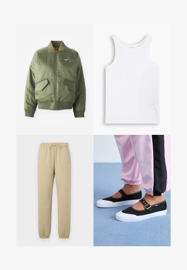 Chaqueta bomber verde oliva con cuello y puños acanalados, cierre de cremallera, dos bolsillos frontales y un bolsillo lateral con cremallera. Presenta el logo de Nike en blanco.; Top sin mangas de algodón blanco con tirantes anchos, escote redondo y una textura lisa y acanalada. Sin patrones ni adornos.; Pantalones de chándal de algodón beige con cintura elástica y cordón, con puños acanalados y un pequeño logo blanco en el lado izquierdo.; Zapatillas de lona negras con suela blanca, con un diseño recortado y una correa con hebilla dorada. Combinadas con pantalones de chándal rosas.