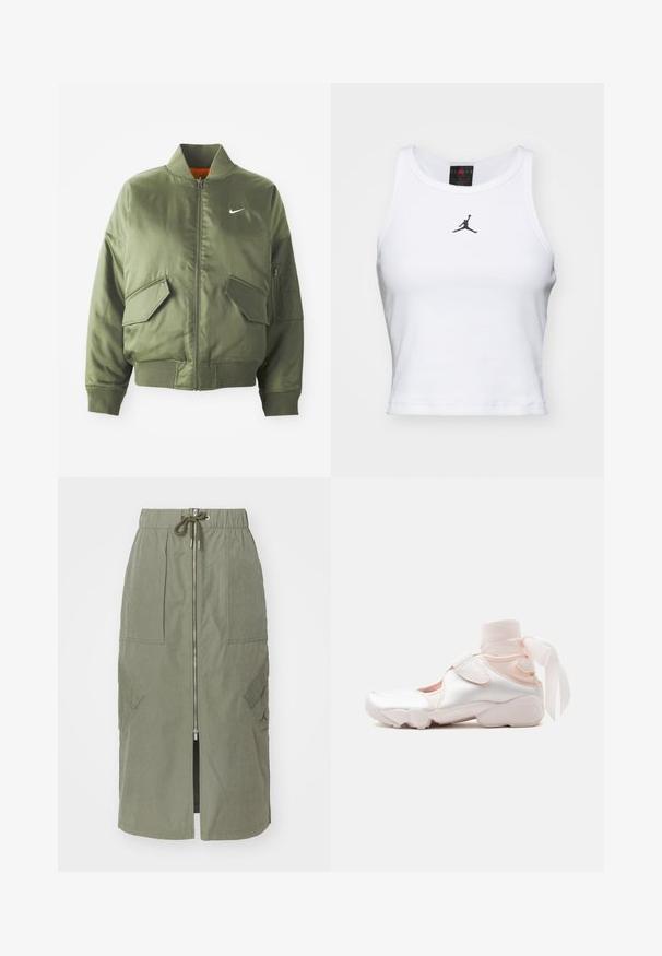 Olive green bomber jacket with ribbed collar and cuffs, zip closure, two front pockets, and a side zip pocket. Features Nike logo in white.; White crop tank top made of cotton with a ribbed texture. Features a black Jordan logo at the center and a classic crew neckline.; Olive green midi skirt made of lightweight fabric, featuring a front zipper, elastic waistband, and large side pockets with angular flaps.; White and pale pink sneaker with soft fabric ankle wrap tied in a bow, featuring adjustable strap and rounded sole.