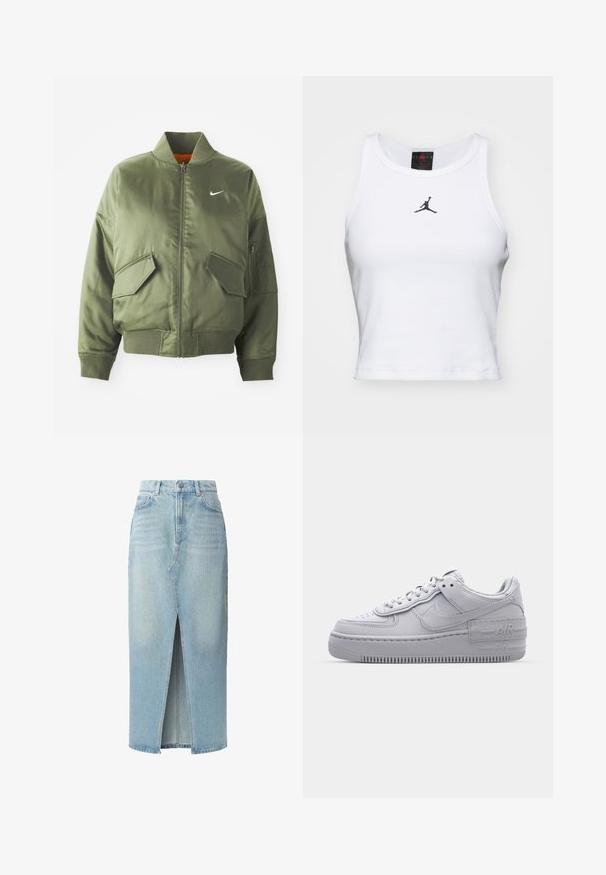 Olivovo zelená bomber bunda s vypčím golierom a manžetami, zipsovým zapínaním, dvoma prednými vreckami a bočným vreckom na zips. Obsahuje logo Nike v bielej farbe.; Biely crop tank top vyrobený z bavlny s rebrovanou textúrou. Obsahuje čierne logo Jordan v strede a klasický okrúhly výstrih.; Svetlomodrá džínsová sukňa s predným rozparkom, piatimi vreckami a pútkami na opasok. Vyrobená z bavlny s hladkou textúrou a miernym vyblednutím.; Šedé tenisky Nike Air Force 1 s perforovanou špičkou, hladkým koženým zvrškom, hrubou podrážkou a embosovaným detailom 'AIR' na päte.