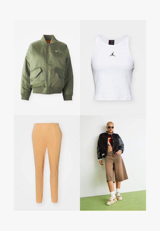 Olivovo zelená bomber bunda s vypčím golierom a manžetami, zipsovým zapínaním, dvoma prednými vreckami a bočným vreckom na zips. Obsahuje logo Nike v bielej farbe.; Biely crop tank top vyrobený z bavlny s rebrovanou textúrou. Obsahuje čierne logo Jordan v strede a klasický okrúhly výstrih.; Oranžové teplákové nohavice vyrobené z mäkkej bavlny, s elastickým pásom, zúženými nohavicami a decentným bielym logom na ľavom stehne.; Osoba s krátkymi blond vlasmi, ktorá má na sebe slnečné okuliare, čiernu varsity bundu, grafické crop top, hnedé široké šortky a biele tenisky Nike, stojí na zelenej podlahe.