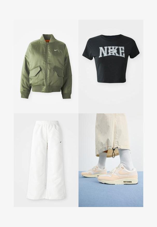 Olivovo zelená bomber bunda s vypčím golierom a manžetami, zipsovým zapínaním, dvoma prednými vreckami a bočným vreckom na zips. Obsahuje logo Nike v bielej farbe.; Čierne skrátené tričko z mäkkej tkaniny s okrúhlym výstrihom. Na prednej strane sa nachádza veľké biele logo Nike v tučnom písmene.; Biele športové nohavice so širokým strihom, elastickým pásom a malým čiernym logom Nike na ľavej strane. Hladký, ľahký materiál.; Ľahké tenisky Nike Air Max 1 majú biely a jemne broskyňový zvršok vyrobený z mesh a kožených materiálov, viditeľnú vzduchovú jednotku a textúrovanú podrážku.
