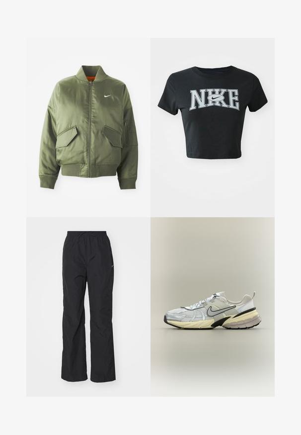Olivengrøn bomberjakke med ribbet krave og manchetter, lynlås-lukning, to frontlommer og en sidelomme med lynlås. Har Nike-logo i hvid.; Sort cropped t-shirt lavet af blødt stof med rund halsudskæring. Har stort hvidt Nike-logo i fed skrift på forsiden.; Sorte, letvægtsbukser med elastisk talje og snøre. Har en tekstureret overflade og et lille reflekterende logo på siden.; Hvid og grå Nike-sneaker med mesh-overdel, sort swoosh, beige mellemsål og sort ydersål på en lys baggrund.