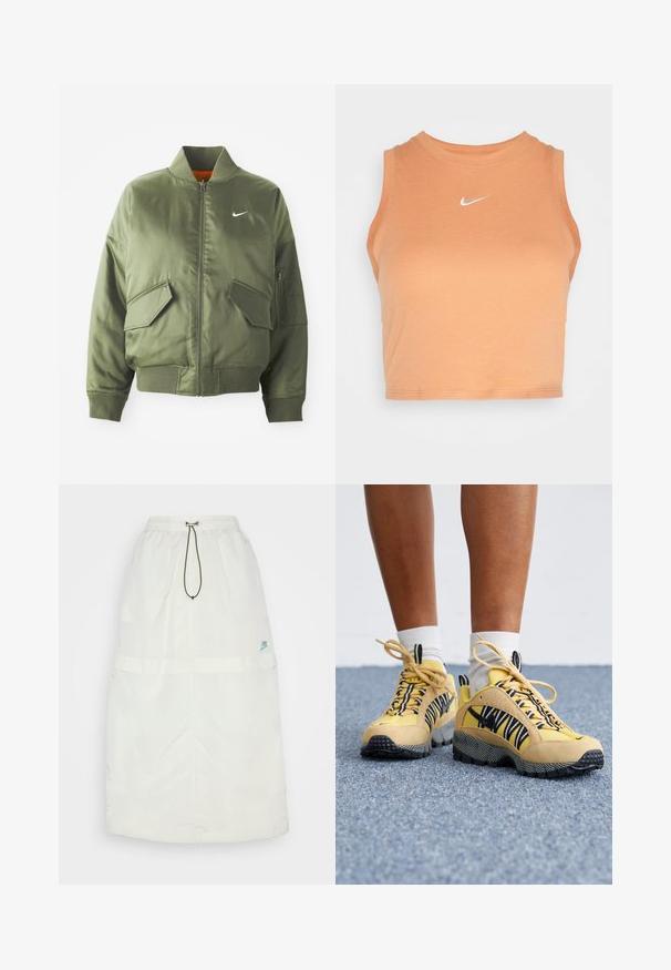 Olivovo zelená bomber bunda s vypčím golierom a manžetami, zipsovým zapínaním, dvoma prednými vreckami a bočným vreckom na zips. Obsahuje logo Nike v bielej farbe.; Nike Sportswear TANK - Top - amber brown/sail; Dlhá biela sukňa vyrobená z ľahkého materiálu. Obsahuje elastický pás, šnúrku a malé modré logo Nike v pravom dolnom rohu.; Žlté semišové a sieťované tenisky s čierno-bielymi pruhovanými detailmi, textúrovanou podrážkou a viazaním. Biele ponožky sú viditeľné nad členkom.