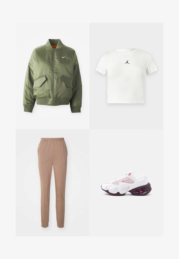 Olivovo zelená bomber bunda s vypčím golierom a manžetami, zipsovým zapínaním, dvoma prednými vreckami a bočným vreckom na zips. Obsahuje logo Nike v bielej farbe.; Biely bavlnený cropped tričko s čiernym logom Jumpman na prednej strane. Krátke rukávy a okrúhly výstrih s hladkou textúrou.; Hnedé športové nohavice s elastickým pásom, bočnými vreckami, zúženými nohavicami a nenápadným logom Nike. Vyrobené z mäkkého, textúrovaného materiálu.; Biela a ružová športová teniska s sieťovinovými panelmi, ružovým logom Nike Swoosh a hrubou tmavofialovou podrážkou s viditeľným vzduchovým tlmením.