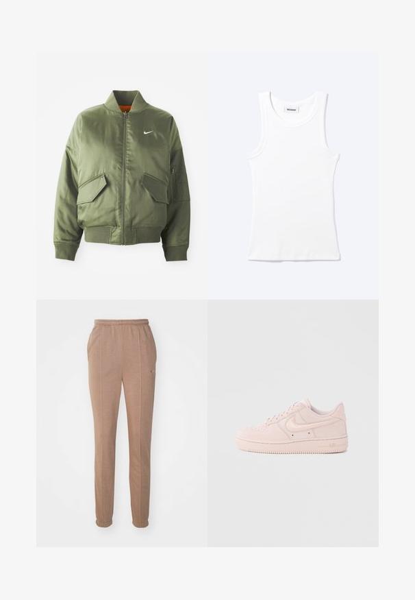 Olivovo zelená bomber bunda s vypčím golierom a manžetami, zipsovým zapínaním, dvoma prednými vreckami a bočným vreckom na zips. Obsahuje logo Nike v bielej farbe.; Biely rebrovaný tielkový top bez rukávov s okrúhlym výstrihom a malou štítkou s nápisom "WEEKDAY" vo vnútri goliera.; Hnedé športové nohavice s elastickým pásom, bočnými vreckami, zúženými nohavicami a nenápadným logom Nike. Vyrobené z mäkkého, textúrovaného materiálu.; Ružový semišový tenisk s hladkou textúrou, gumovou podrážkou, perforovanou špičkou a vyšívanými detailmi loga. Navrhnutý s klasickým nízkym profilom.