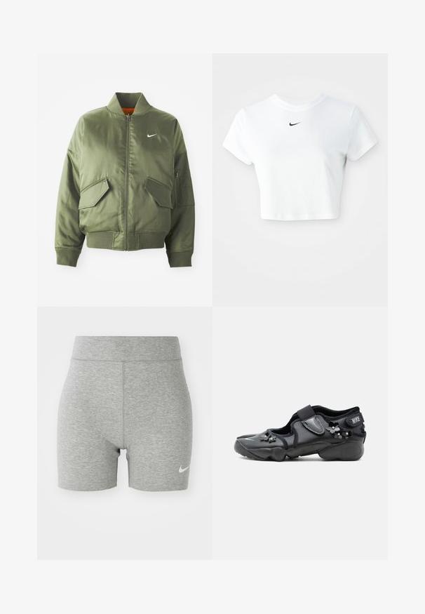 Olivovo zelená bomber bunda s vypčím golierom a manžetami, zipsovým zapínaním, dvoma prednými vreckami a bočným vreckom na zips. Obsahuje logo Nike v bielej farbe.; Biely skrátený tričko vyrobené z bavlny, s krátkymi rukávmi a okrúhlym výstrihom, s čiernym logom Nike na hrudi.; Šedé športové šortky vyrobené z mäkkej tkaniny, s vysokým pásom a malým bielym logom Nike na dolnej ľavej strane.; Čierna Nike Air obuv s suchým zipsom, zdobená malými čiernymi kvetinovými ozdobami na boku a vpredu.