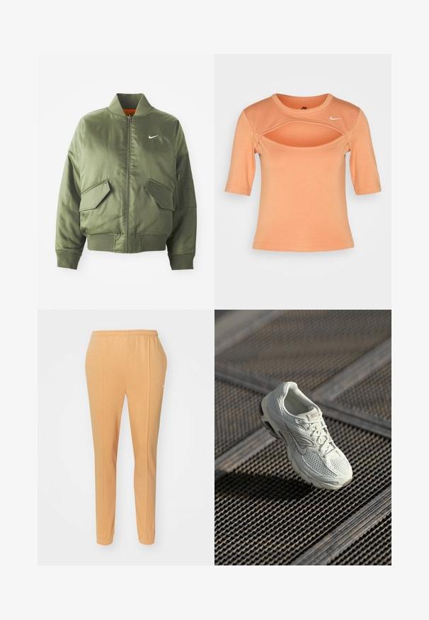 Olive rohelise värvi bomber-jakk ribidega krae ja varrukate, tõmbluku sulgemise, kahe ees oleva tasku ja ühe küljetaskuga. Omab valget Nike logo.; Nike Sportswear CUTOUT - Trükipildiga T-särk - amber brown/sail; Kergelt kotkast valmistatud oranžid jooksupüksid, millel on elastne vöökoht, kitsenevad jalad ja peene valge logo vasakul reitel.; Valge Nike jooksutoss, millel on võrgust ja sünteetilisest materjalist ülemine osa, puhates metallvõrgust põrandal pehmes looduslikus valguses.
