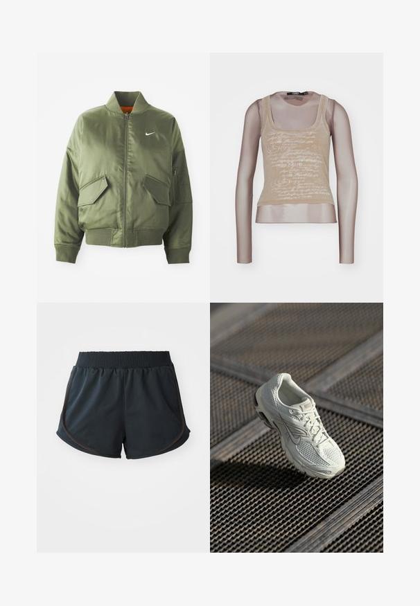 Olive rohelise värvi bomber-jakk ribidega krae ja varrukate, tõmbluku sulgemise, kahe ees oleva tasku ja ühe küljetaskuga. Omab valget Nike logo.; Beež särk koos võrkpikkade varrukatega; esiküljel on valge kiri, ümar kaelus ja kohandatud siluett.; Mustad mustad spordilühik, millel on soonikuga vöökoht, külgõmblused ja pruunid aktsendid, valmistatud kergest ja siledast kangast.; Valge Nike jooksutoss, millel on võrgust ja sünteetilisest materjalist ülemine osa, puhates metallvõrgust põrandal pehmes looduslikus valguses.
