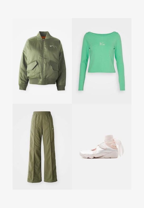 Olivovo zelená bomber bunda s vypčím golierom a manžetami, zipsovým zapínaním, dvoma prednými vreckami a bočným vreckom na zips. Obsahuje logo Nike v bielej farbe.; Dlhý rukáv, skrátená, mentolovo zelená košeľa vyrobená z hladkej bavlny, s okrúhlym výstrihom a bielym logom Nike Air na hrudi.; Olívovo zelené nohavice s širokými nohavicami vyrobené z ľahkej tkaniny, s elastickým pásom a malým bielym logom na prednej strane.; Biele a bledo ružové tenisky s mäkkým látkovým obalom okolo členku zviazaným do mašle, disponujú nastaviteľným remienkom a zaoblenou podrážkou.